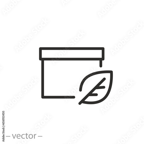 eco packaging icon, box with leafs, ecologicaly clean products, thin line symbol - editable stroke vector illustration