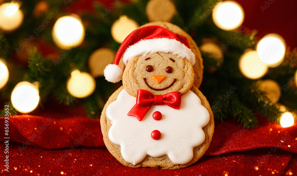 closeup of cute ginger man cookie with santa claus red hat and white sugar glaze on a Christmas lights background, generative AI