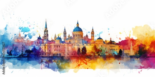 Rainbow Aquarelle Silhouette of Madrid's Iconic Cityscape, Showcasing the Royal Palace, Prado Museum, and the Vibrant Heart of Spain