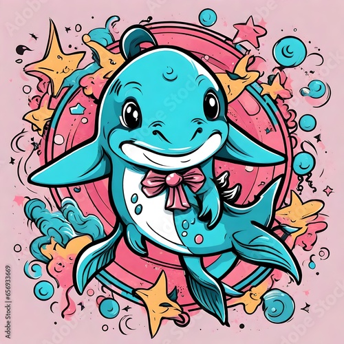 a cute cartoon caricature of a happy blue dolphin