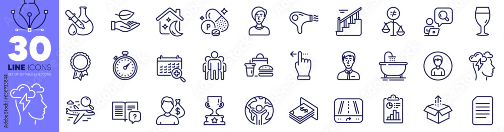 Send box, Person and Medical calendar line icons pack. Mindfulness stress, Instruction manual, Businessman person web icon. Stairs, Phosphorus mineral, Hair dryer pictogram. Report. Vector