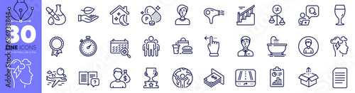 Send box, Person and Medical calendar line icons pack. Mindfulness stress, Instruction manual, Businessman person web icon. Stairs, Phosphorus mineral, Hair dryer pictogram. Report. Vector