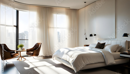 A luxurious modern bright bedroom with white walls and bright sunlight shining through the large windows.