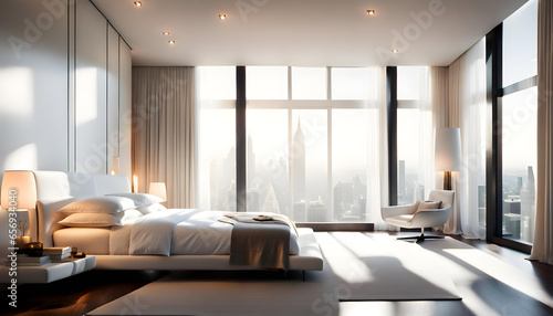 A luxurious modern bright bedroom with white walls and bright sunlight shining through the large windows.