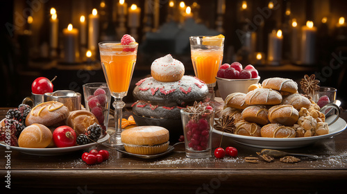 Beautiful picture illustration of a Christmas table with dessert