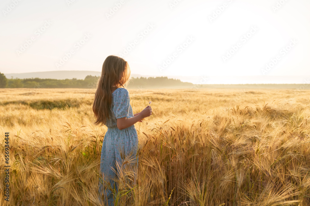 Girl with long hair standing in wheat field at sunrise Girl with long hair standing in wheat field at sunrise
