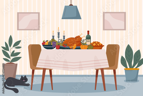 Thanksgiving, holiday, family, Christmas concept. Food on the table in home interior. Thanksgiving turkey.