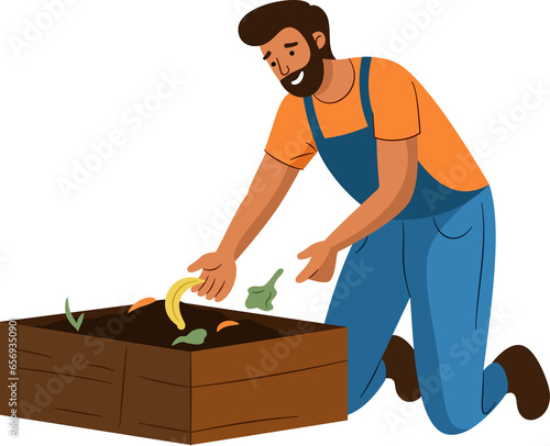 The man is disposing of organic food trash in the compost pit. food waste, zero waste, recycle Concept.