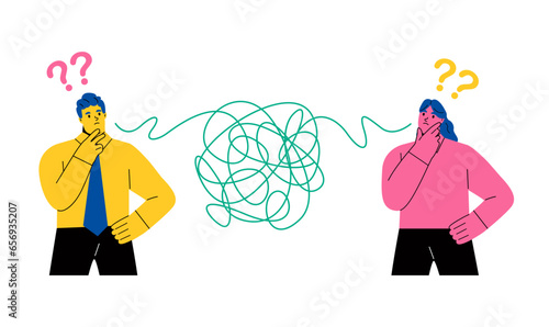 Business man and woman have troubles with understanding each other. Problems in communication concept. Flat vector illustration isolated on white background