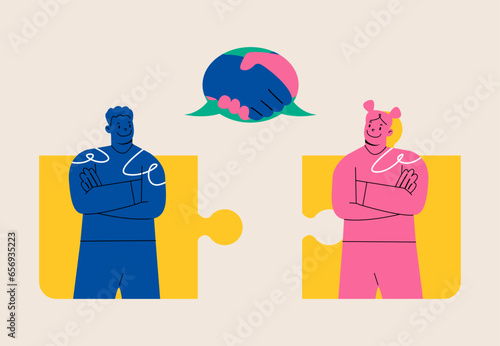 Helping or building relationships leads to success. Man and woman handshake on jigsaw puzzle. Colorful vector illustration