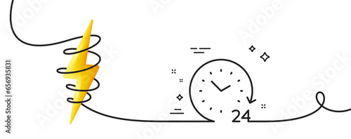 24 hours time line icon. Continuous one line with curl. Clock sign. Watch symbol. 24 hours single outline ribbon. Loop curve with energy. Vector