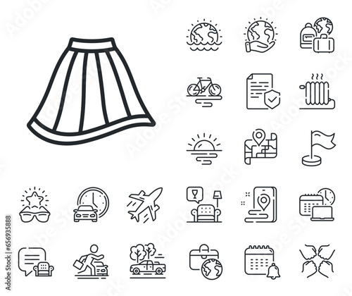 Clothing gown sign. Plane jet, travel map and baggage claim outline icons. Skirt line icon. Women fashion outfit symbol. Skirt line sign. Car rental, taxi transport icon. Place location. Vector