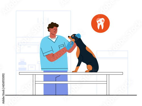 Dental checkup pet concept illustration. Black male Veterinarian examining mouth dog on table in vet clinic. Hygiene, care teeth of domestic animals. Flat vector illustration 