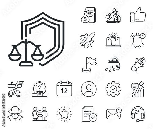 Judgement scale sign. Salaryman, gender equality and alert bell outline icons. Justice scales line icon. Law protection symbol. Justice scales line sign. Spy or profile placeholder icon. Vector