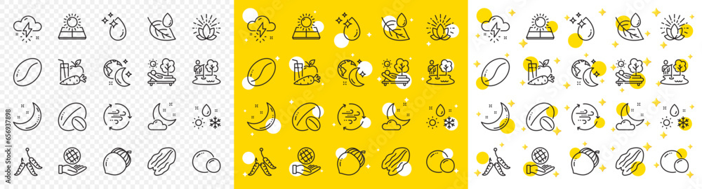 Outline Thunderstorm weather, Lotus and Fishing place line icons pack for web with Night weather, Lounger, Moon stars line icon. Sleep, Juice, Sun energy pictogram icon. Water drop, Peas. Vector
