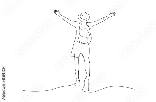 Tourists happily spreading their arms in the middle of nature, one line art free hand drawn vector illustration.