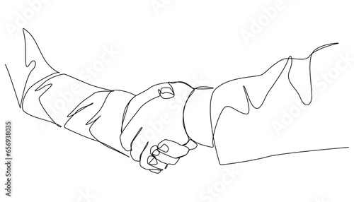 Businessmen are shaking hands and greeting each other, one line art hand drawn free hand vector illustration.