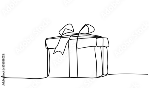 Gift box, Christmas gift Birthday gift, one line art free hand drawn vector illustration.