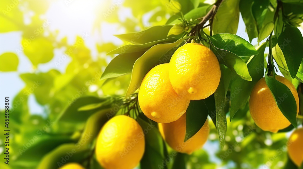 Lemons hanging on a branch against the sky.