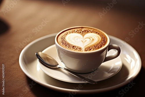 Cappuccino Love Art on Two White Cups with Decorative Background for Cafes and Breakfast Beverages