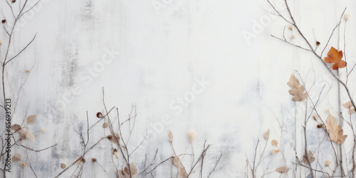 Natural style winter banner with forest elements a distressed white wooden background, copy space