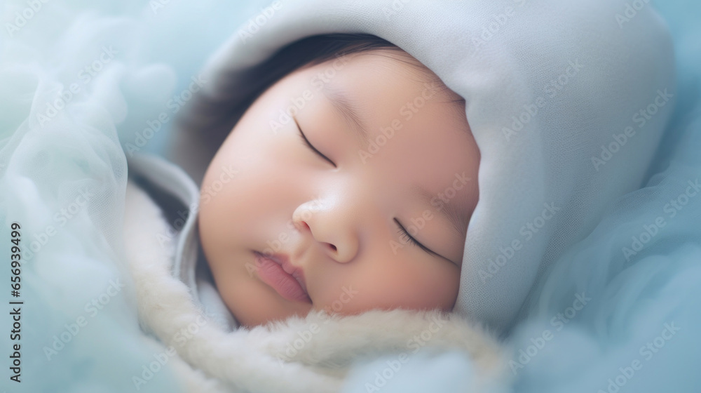 Sleeping asian baby on soft blue background Sleeping asian baby on soft blue background