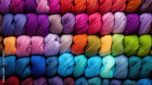 Background of colorful skeins of woolen threads