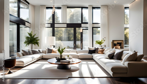 A luxurious modern bright living room with white walls and bright sunlight shining through the large windows. © anmitsu