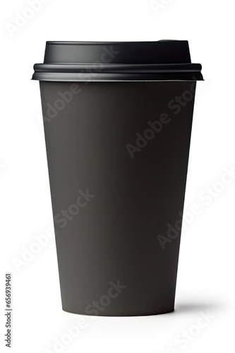 Isolated Black Coffee Cup with Lid - Front View of Hot Drink Paper Cup for Take Away on White © Web