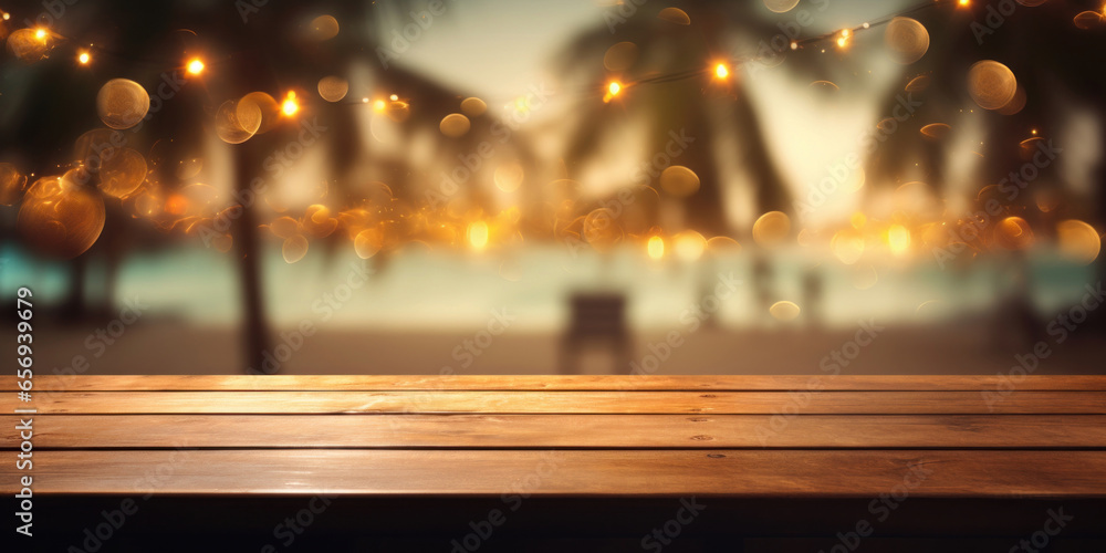 Wooden table and lights on the beach Wooden table and lights on the beach