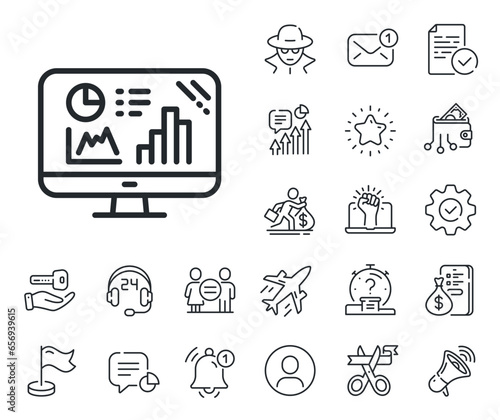 Column chart sign. Salaryman, gender equality and alert bell outline icons. Analytics graph line icon. Growth diagram symbol. Analytics graph line sign. Spy or profile placeholder icon. Vector