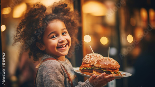 Happy girl in a street cafe with burger