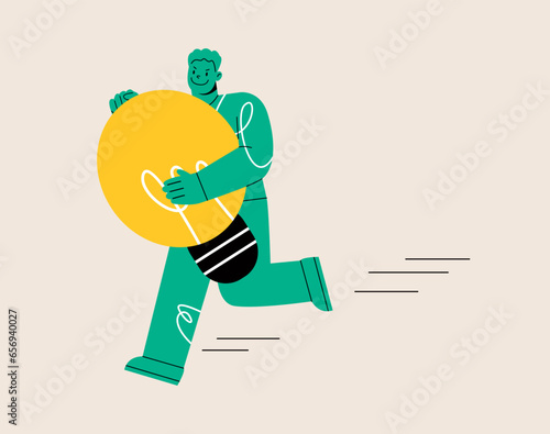 Man running with light bulb idea steal from other owner. Infringement concept. Colorful vector illustration