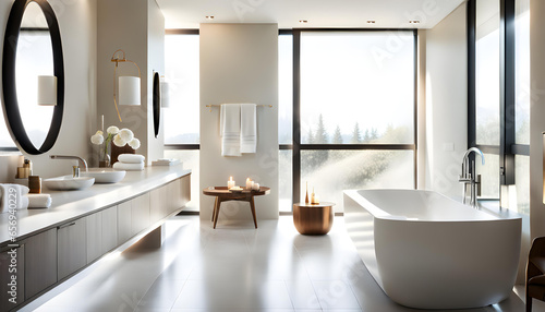 A luxurious  modern  and bright bathroom with white walls and large windows that let in bright sunlight.