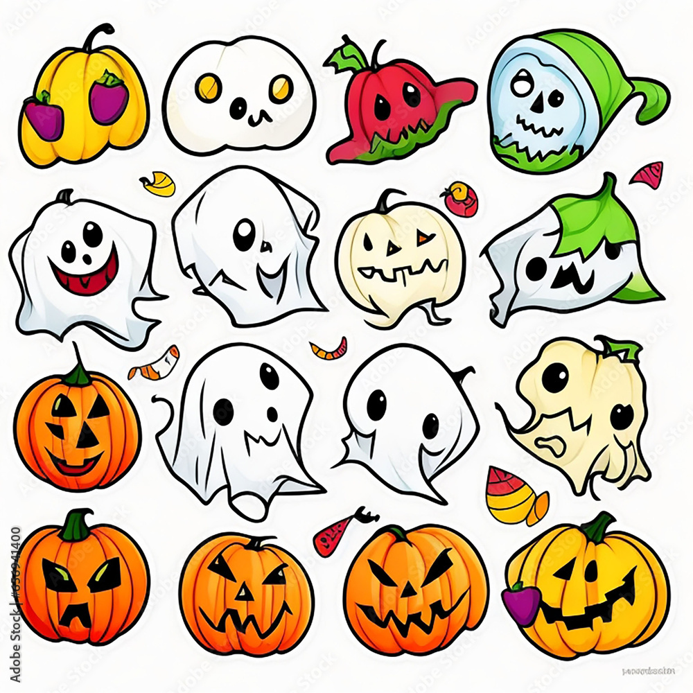 Naklejka premium Pumpkins and Ghosts with Halloween 