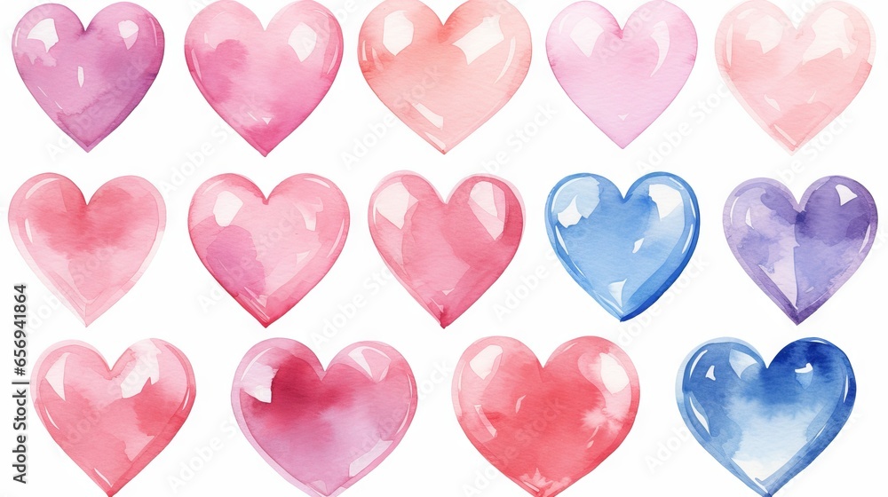 Watercolor and acrylic hearts isolated on a white background