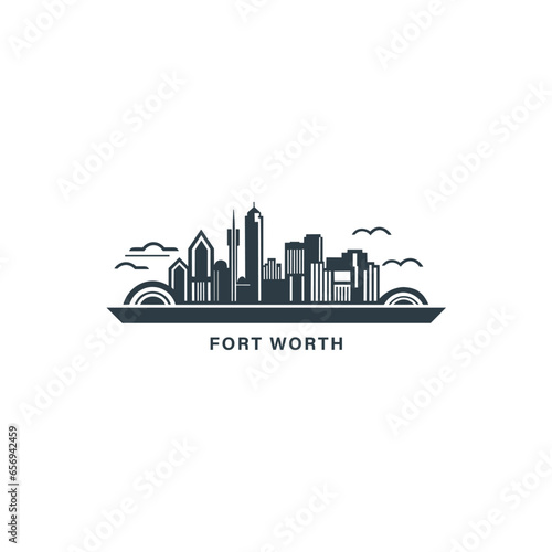 Fort Worth US Texas cityscape skyline city panorama vector flat modern logo icon. USA, state of America emblem idea with landmarks and building silhouettes. Isolated thin line graphic