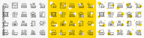 Balcony, house terrace and garden deckchair set. Furniture line icons. Home furniture, bath tub and fireplace line icons. Resort terrace and balcony, outdoor chair. Sliding wardrobe. Vector