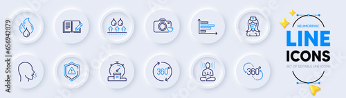 Waterproof, Nurse and Yoga line icons for web app. Pack of Attention, Timer, Horizontal chart pictogram icons. Flammable fuel, 360 degree, 360 degrees signs. Cough, Photo camera, Feedback. Vector