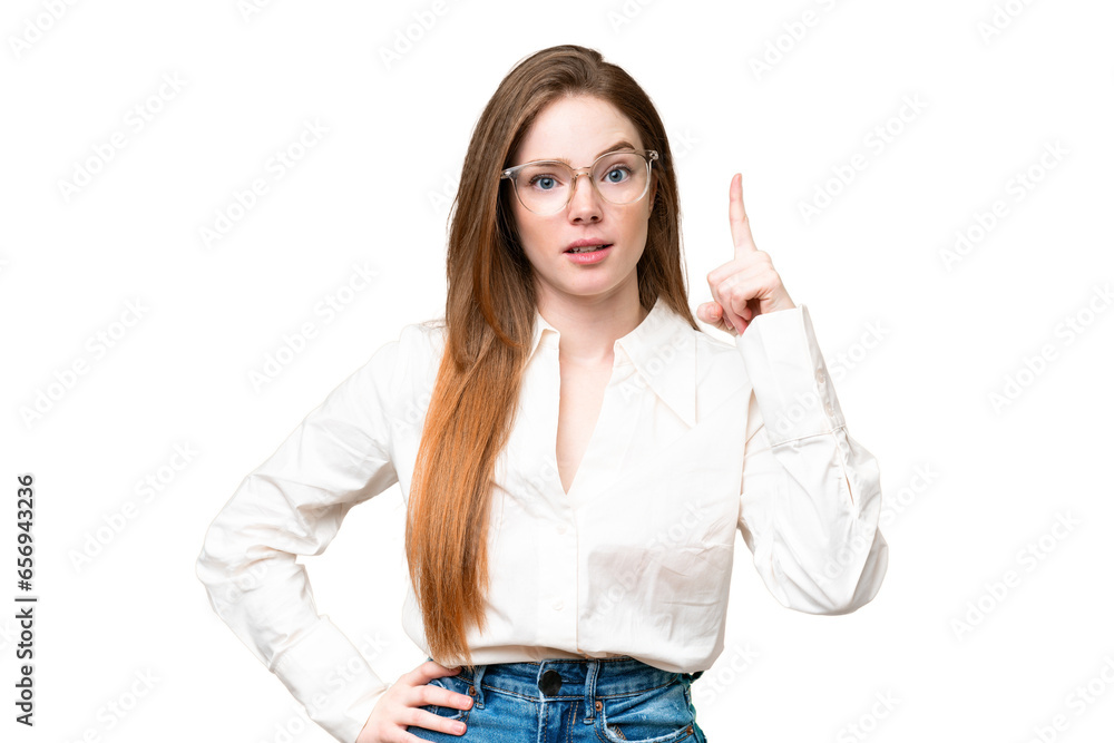Young pretty woman over isolated chroma key background thinking an idea pointing the finger up Young pretty woman over isolated chroma key background thinking an idea pointing the finger up