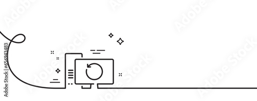Recovery computer line icon. Continuous one line with curl. Backup data sign. Restore information symbol. Recovery computer single outline ribbon. Loop curve pattern. Vector
