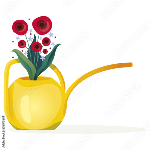 Illustration d'un arrosoir jaune avec un bouquet de fleurs champêtres rouges style coquelicot, vecteur isolé pour composition graphique sur la nature et le jardinage