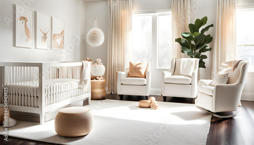 A luxurious, modern, and bright nursery for newborns with white walls and large windows that let in bright sunlight.