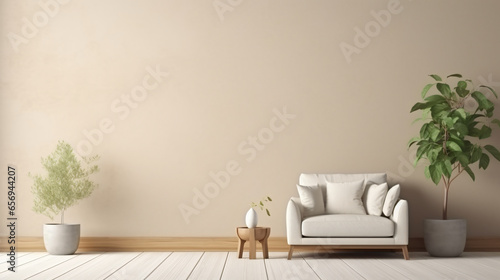 Interior of living room with coffee table and beige sofa