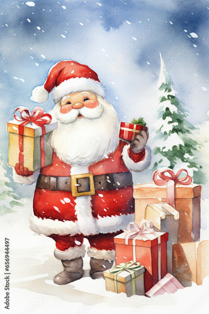 lovely greeting card merry Christmas watercolor santa