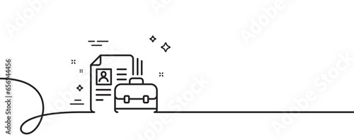 Business case with CV line icon. Continuous one line with curl. Portfolio symbol. Vacancy or Hiring sign. Vacancy single outline ribbon. Loop curve pattern. Vector