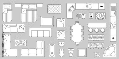 Furniture outline top view. Set of isolated linear icons for interior. Vector Illustration. Objects and elements for apartments, living room, bedroom, kitchen, bathroom. Bed, sofa, table. Floor plan