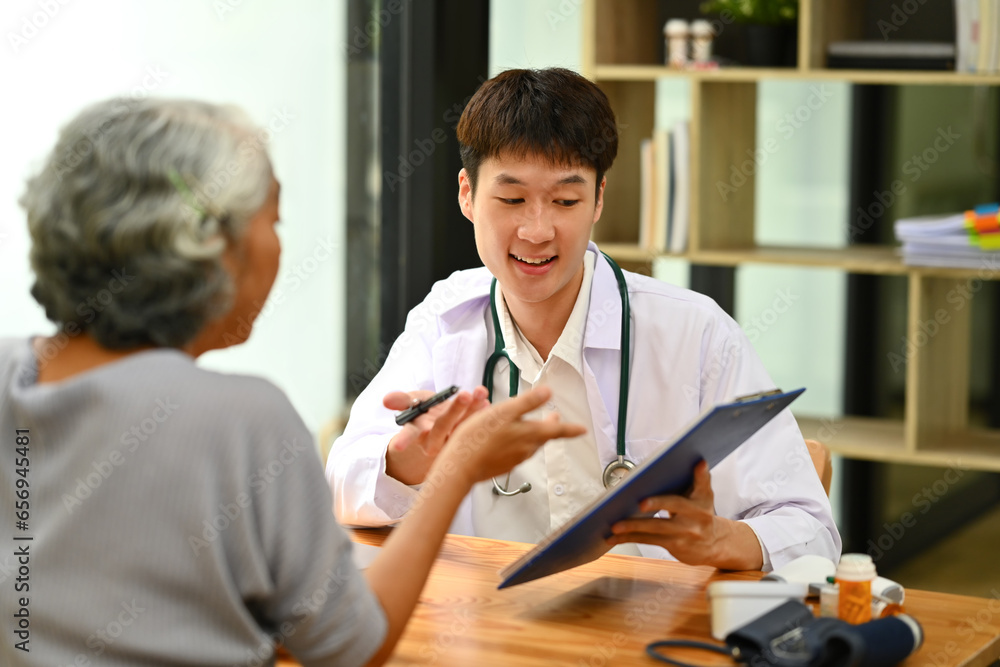 Medical worker or GP explaining medication treatment to senior patient. Medicine and health care service concept Medical worker or GP explaining medication treatment to senior patient. Medicine and health care service concept
