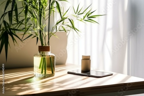 Wooden table working desk with space, notebook, pen, tropical green bamboo tree in glass vase in sunlight on white wall for luxury, cosmetic, skincare, beauty treatment, stationery. Generative AI © Haruki