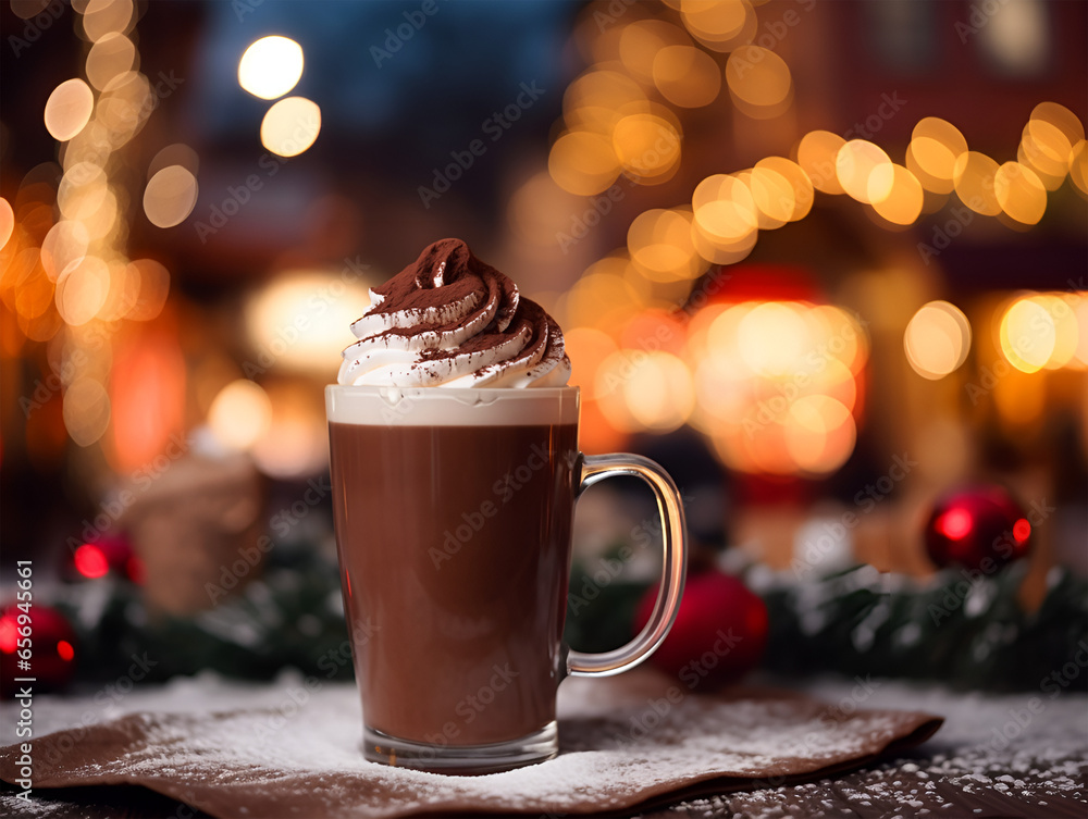 Fotografie A hot chocolate drink with whipped cream on top on table, blurred background wit